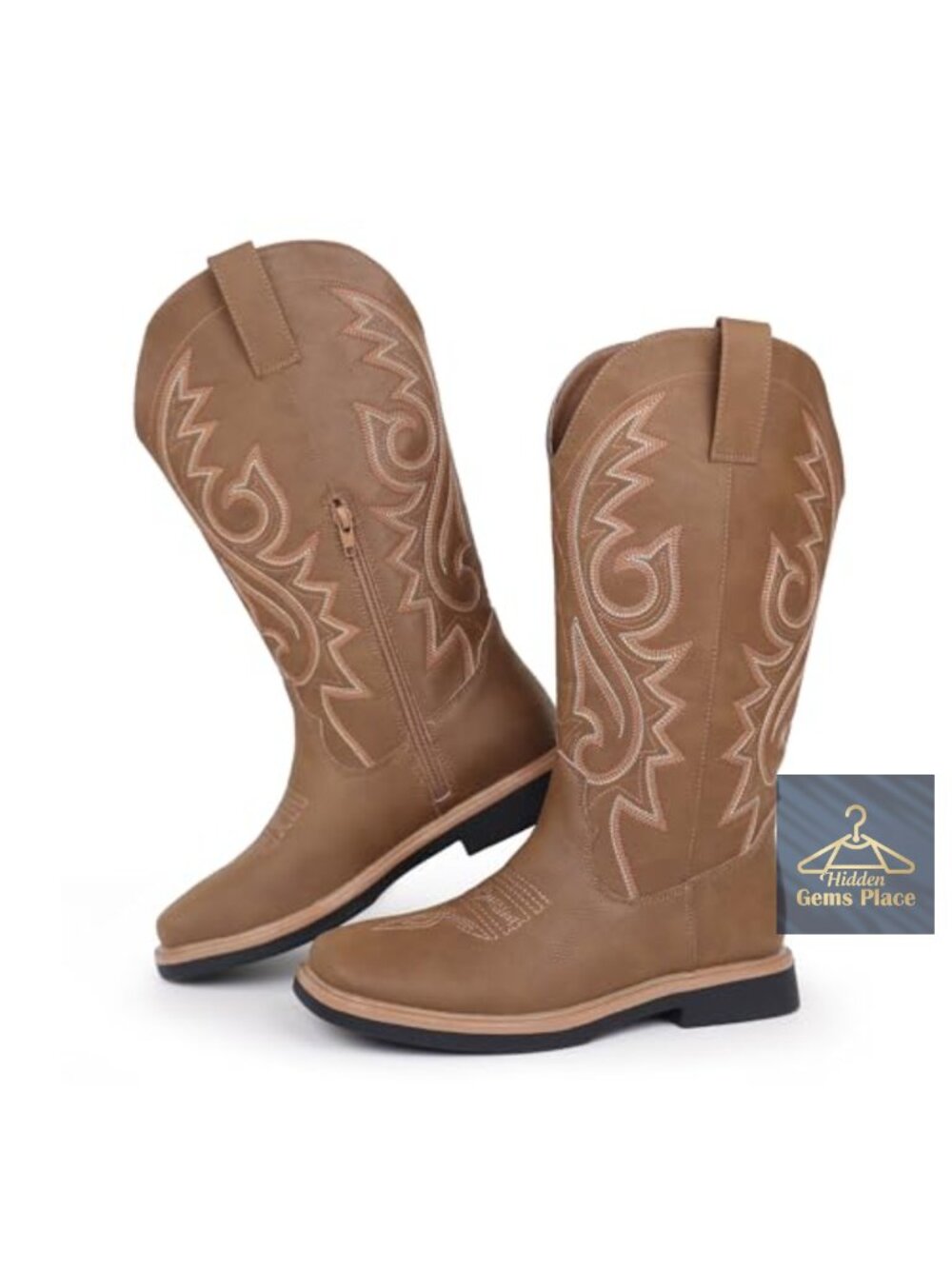 Women's Cowboy Boots Square Toe Side Zipper Embroidered Low Heel Synthetic